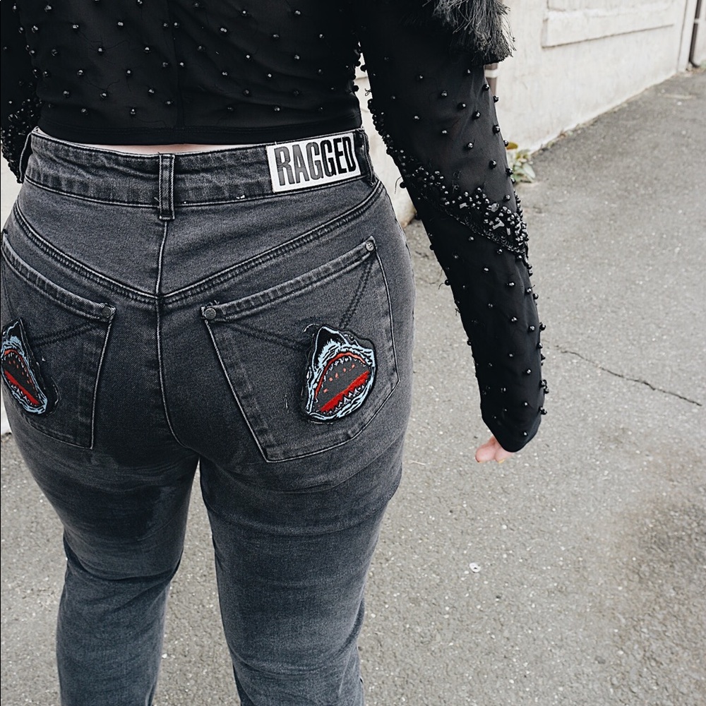 Ragged Priest Washed Black Jeans w Shark Patches